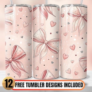 Roze strik beker wrap png, roze strik met harten 20oz magere beker sublimatie, schattige strik en hart beker beker, roze strik