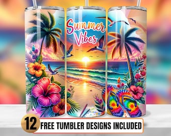 Peut inclure: Trois designs de gobelets colorés sur le thème de l'été. Les designs présentent un coucher de soleil sur l'océan, des palmiers, des fleurs et des oiseaux. Le texte "Summer Vibes" est présenté sur l'un des designs.