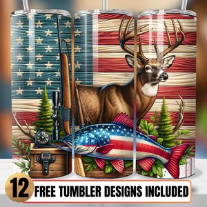 Patriotic Fishing and Hunting Tumbler Wrap, Hunting 20oz Skinny Tumbler Sublimation Design Fish and Deer Tumbler Wrap Sublimation PNG