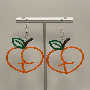 3D printed peach butt emoji hand painted dangle earrings, funny gift, peach earrings, fruit jewelry, nickle free, cute, eco friendly