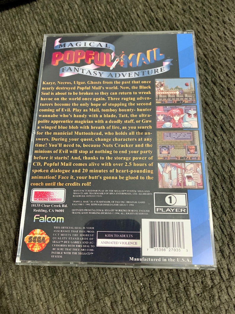 May include: A Popful Mail Fantasy Adventure Sega CD game case. The case is clear, with a colorful game cover featuring the game's title and characters. The back of the case includes game details and screenshots. The game is rated for kids to adults and has animated violence.