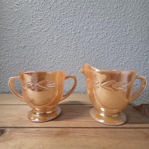 Vintage Fire-King Peach Lustre Sugar & Creamer Set – Laurel Pattern by Anchor Hocking c.1950&#39;s
