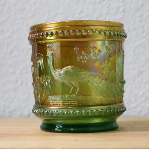 Vintage Northwood “Peacock at the Fountain” Carnival Glass Spooner – Iridescent Beauty, c. Early 1900s