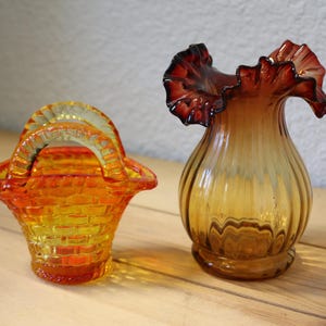 Vintage Amberina Glass Vase & Basket Set L.E. Smith Style c.1900 Amber to Red Gradient Art Glass MCM Decor