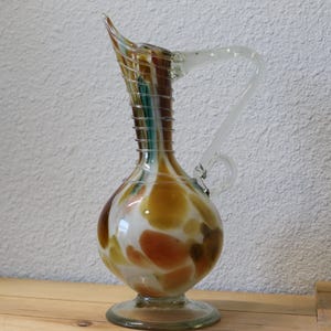 Hand Blown Glass Pitcher Vase Red, Yellow & Blue Tones | Attributed to Cristales de Chihuahua Mexico MCM Style Decor