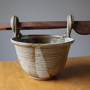Vintage Cream & Brown Pottery Salad Bowl with Wood Tongs Signed Decorative or Functional Farmhouse Bowl Rustic Kitchenware