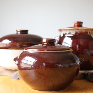 Set of 3 Vintage Dark Brown Stoneware Bean Pots Crock Pot – Rustic Farmhouse Kitchenware with Lids Functional or Display Canister Jar