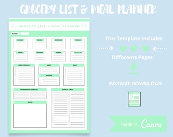 Grocery List Printable Meal I  Planner PrintableI Weekly Meal Planner Grocery List I Pdf I Printable Meal Planner I Grocery List I Meal