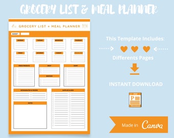 Grocery List Printable Meal I  Planner PrintableI Weekly Meal Planner Grocery List I Pdf I Printable Meal Planner I Grocery List I Meal