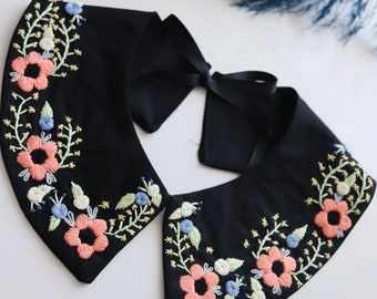 Black Detachable Peter Pan Collar, Emroidered Peter Pan Collar, Oversized Collar for Women, Flower Embroidered Collar, Gift for Her