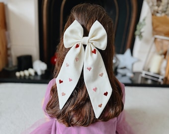 Heart Embroidered Large Hair Bow, Valentine's Day Hair Bow, Valentines Hair Bow for Girls, Sailor Hair Bow, Ivory Heart Hair Bow for Girls