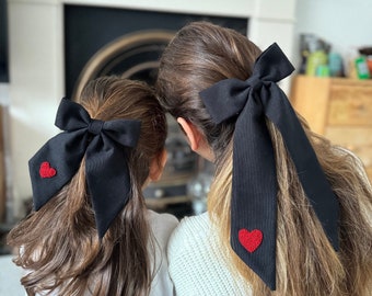 Mum and Daughter Matching Hair Bow Set, Black Long Tail Heart Hair Bow, Mother’s Day Gift, Mummy and Me Hair Bow Set, Heart Embroidery