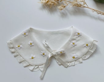 Linen Peter Pan Collar, Detachable Collar for Girls, Removeable Ivory Cream Collar, Floral Peter Pan Collar, Girls Frilled Collar