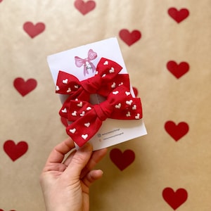 Valentine&#39;s Day Embroidered Heart Pigtail Bow Set: Red Hair Clips