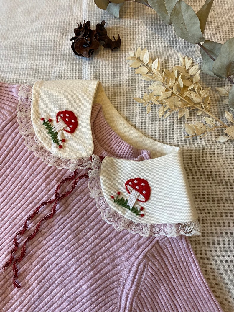 Detachable Collar for Girls, Removeable White Collar, Kids Collar, Bib Collar, Girls Frill Collar, Mushroom Embroidered Peter Pan Collar image 4