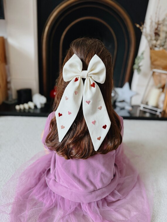 Heart Embroidered Large Hair Bow, Valentine's Day Hair Bow, Valentines Hair Bow for Girls, Sailor Hair Bow, Ivory Heart Hair Bow for Girls