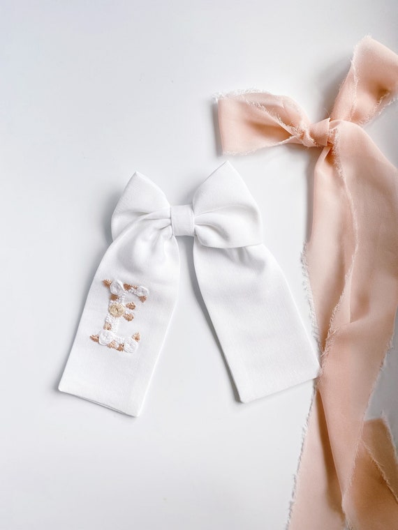 Embroidered Initial Linen Bridal Hair Bow - Custom Wedding Accessory