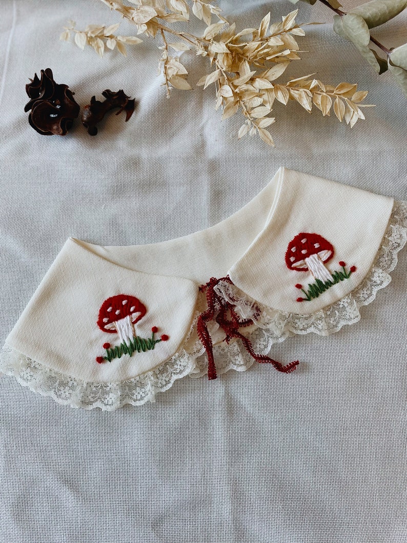 Detachable Collar for Girls, Removeable White Collar, Kids Collar, Bib Collar, Girls Frill Collar, Mushroom Embroidered Peter Pan Collar image 3