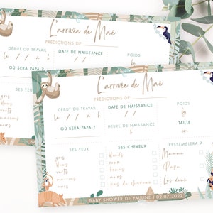 Predictions Baby Shower / Gender Reveal, game predictions birth, cards baby predictions, tropical jungle theme