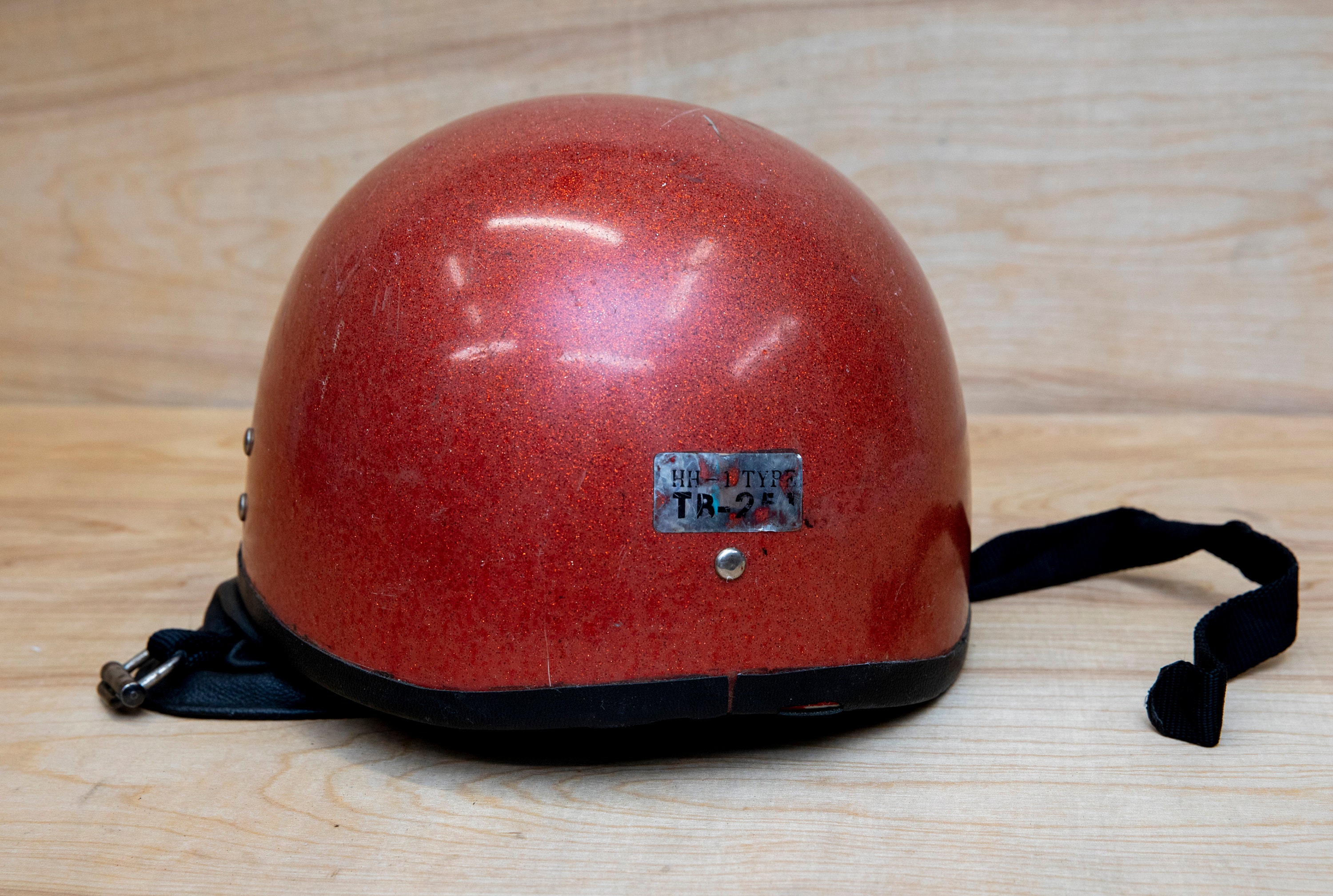 Vintage Motorcycle Helmet, Red Glitter Halfhelmet, 1968 Snell Memorial
