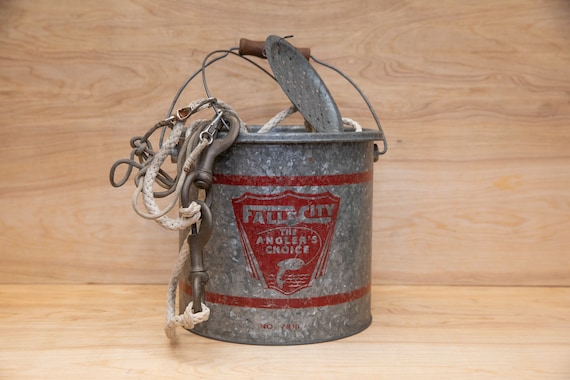 Vintage Metal Bucket, Vintage Fishing Decor, Bait Bucket, Vintage