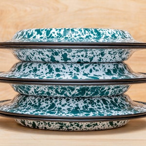 Set of 4 Blue Speckled Enamelware Plates 1950s Deep Enameled Plate Set  Kitchen Primitive Decor Old Country Camping 