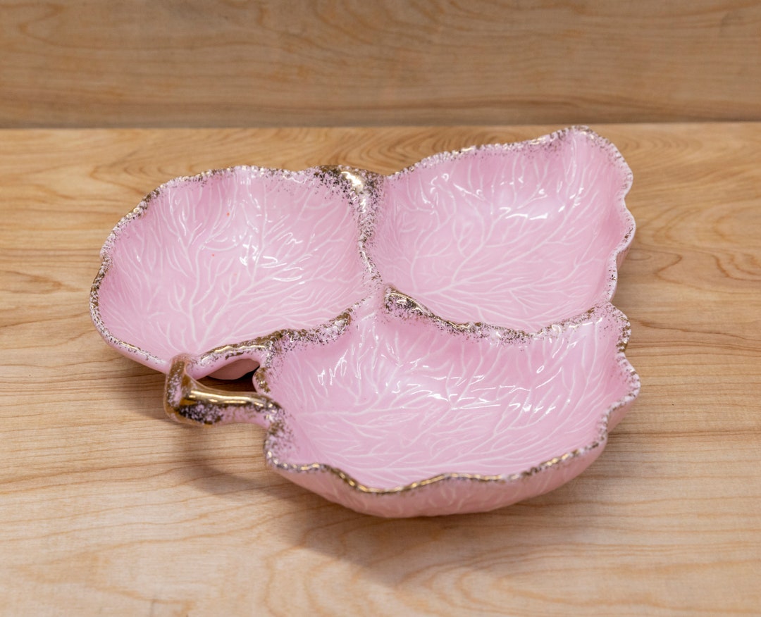 Ceramic Serving Tray, Ceramic Pink Dish, Cabbage Leaf Majolica Party