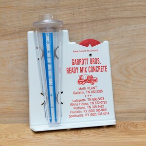 Vintage Rain Gauge, Metal Rain Gauge Recorder, Old Garden Decor, Outdoor Decor, Garrott Bros Ready Mix Concrete Advertising, Sentinel 840