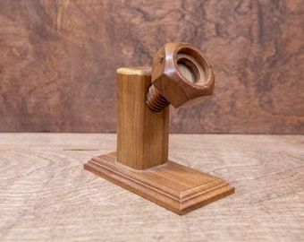 Handmade Walnut Wood Watch Display: Carved Screw & Hex Nut Decor