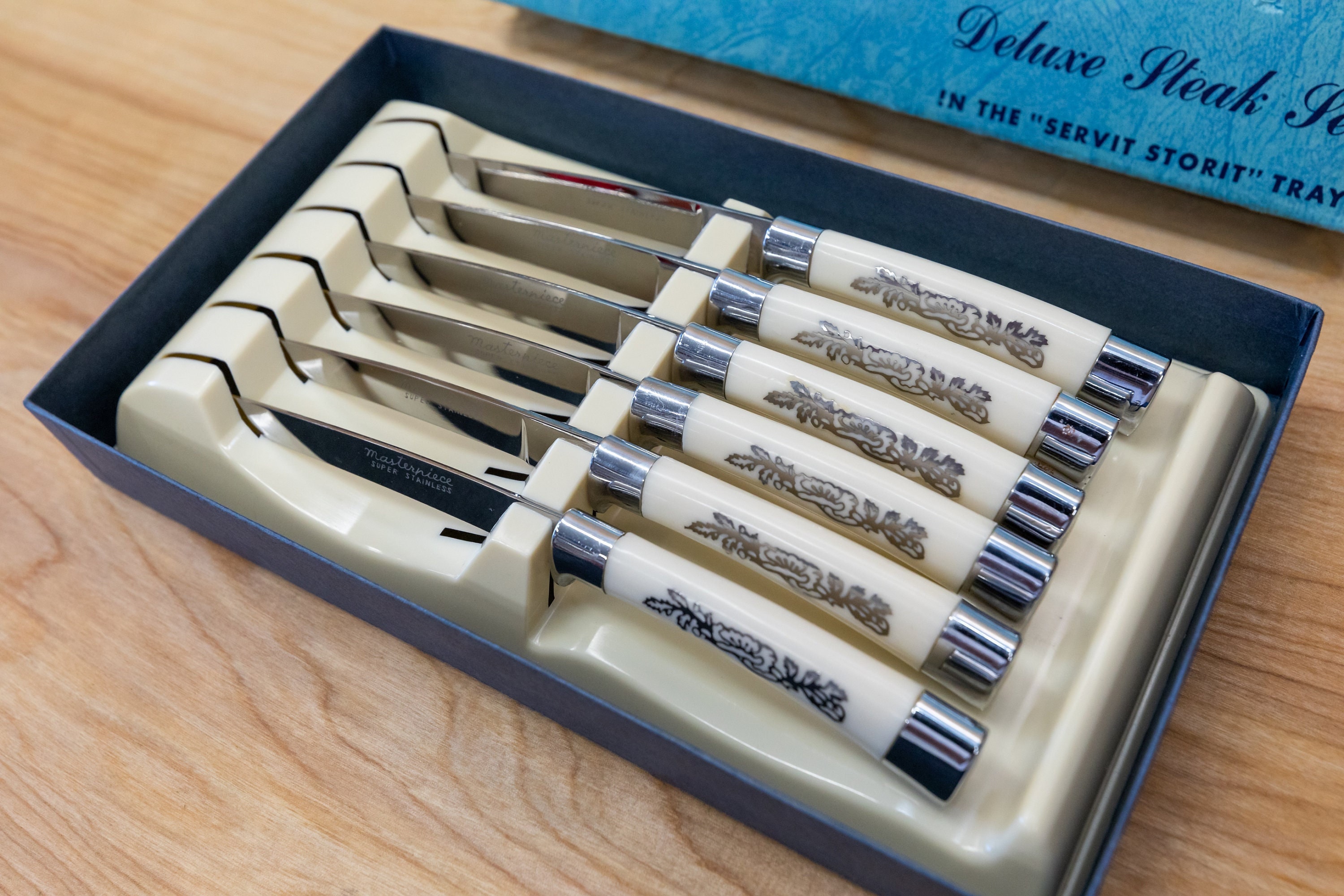Steak Knives Stainless Steel Set of 6 Melamine Handles Vintage Empire Steak  Knives with Cutlery Tray Mid Century Gift Idea,Made in USA
