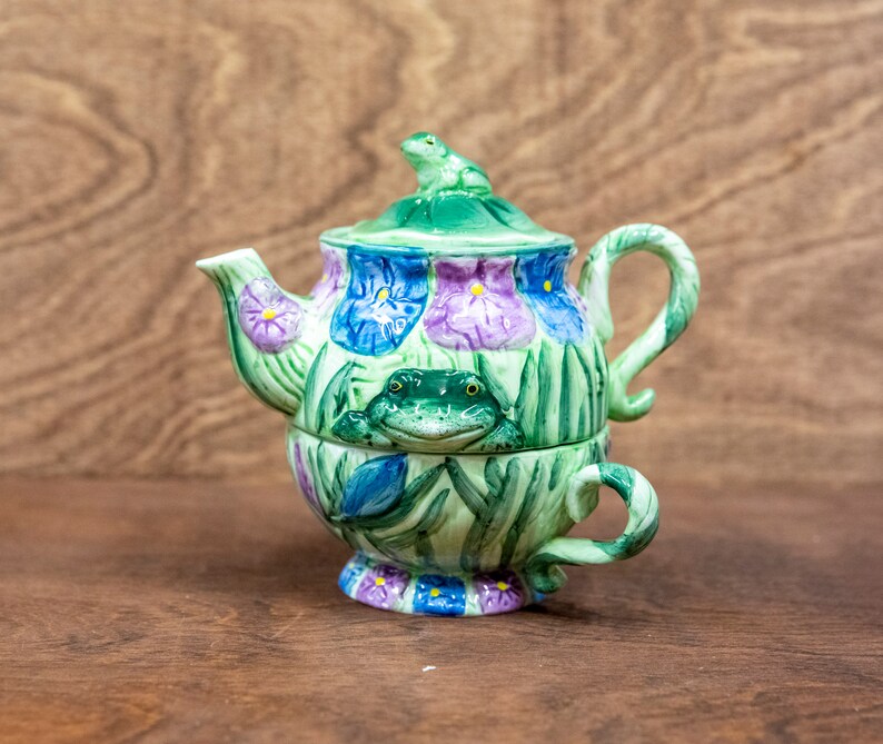 Frog Teapot Set Green Teapot Stacking Cup Frog in the Grass Etsy