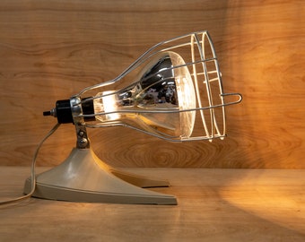 MCM Bright Lamp, Open Cage Light Bulb Lamp, Bright Spot Light Plastic Base, Vintage Leviton Caged Industrial Lighting, Industrial Desk Lamp