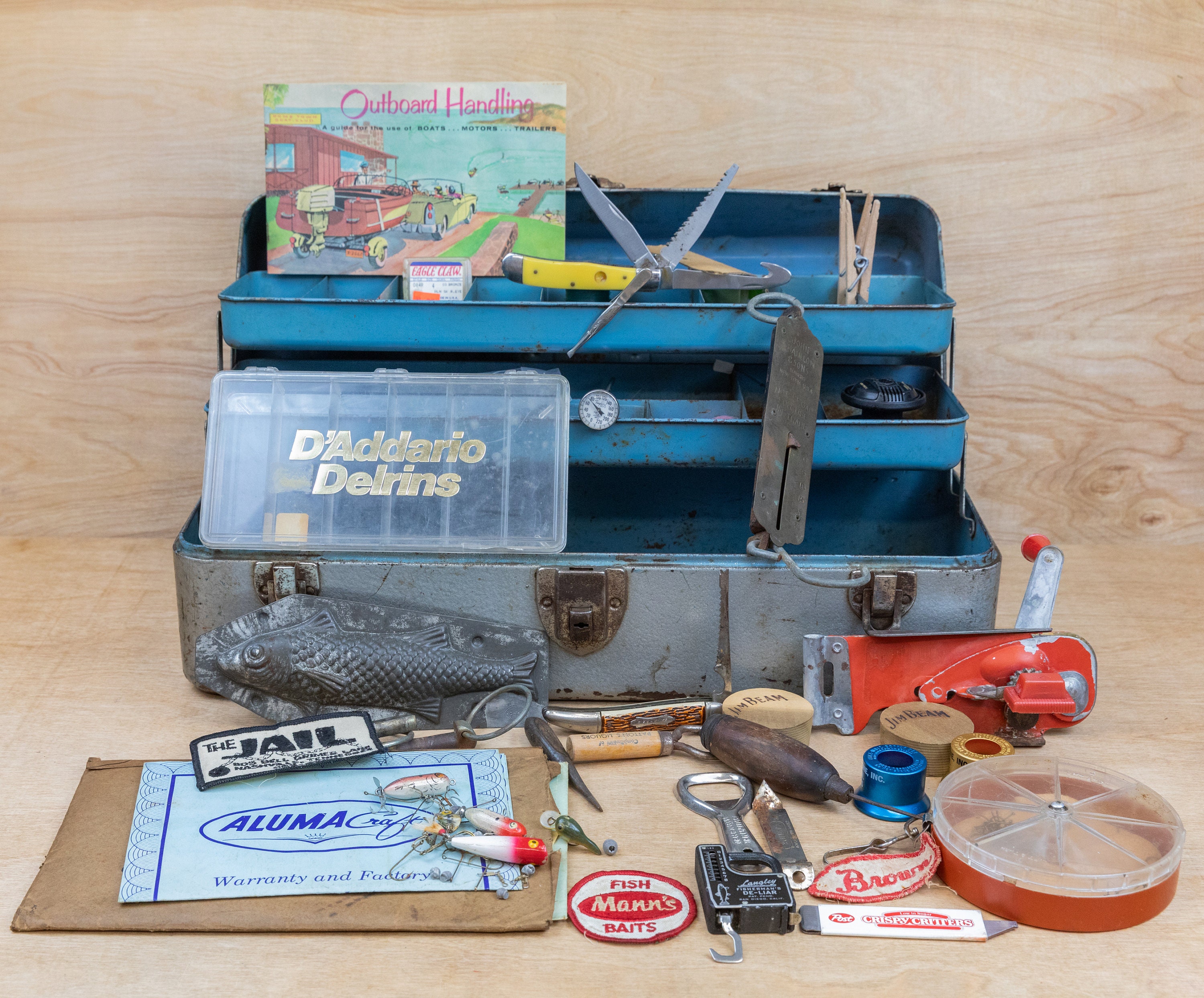 Vintage Tackle Box Contents, Fishing Gear, Lures, Equip, Chatillon Scale  Knives Lead, Silver & Blue Union Revelation 2 Tier Treasure Chest