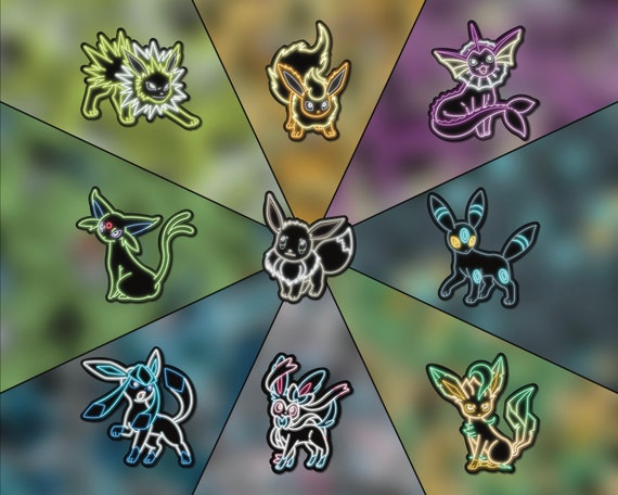 Neon Shiny Eevee Evolution Pack all 9 Pokemon Stickers 