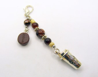 Coffee Cup and Espresso Bean Charm/Zipper Pull for Coffee Lovers