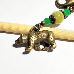 Antique Bronze Bear Charm: Forest Green & Amber Beads Zipper Pull