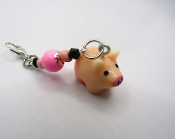 Pig Charm Adorable Resin Pig Charm with Pink and Black Beads Pig Backpack Charm Pig Purse Charm Pig Zipper Pull