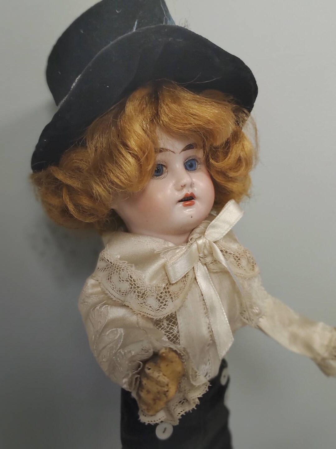 【antique doll】lithograph vintage Antique bisque head doll 174 X leather body sawdust 10