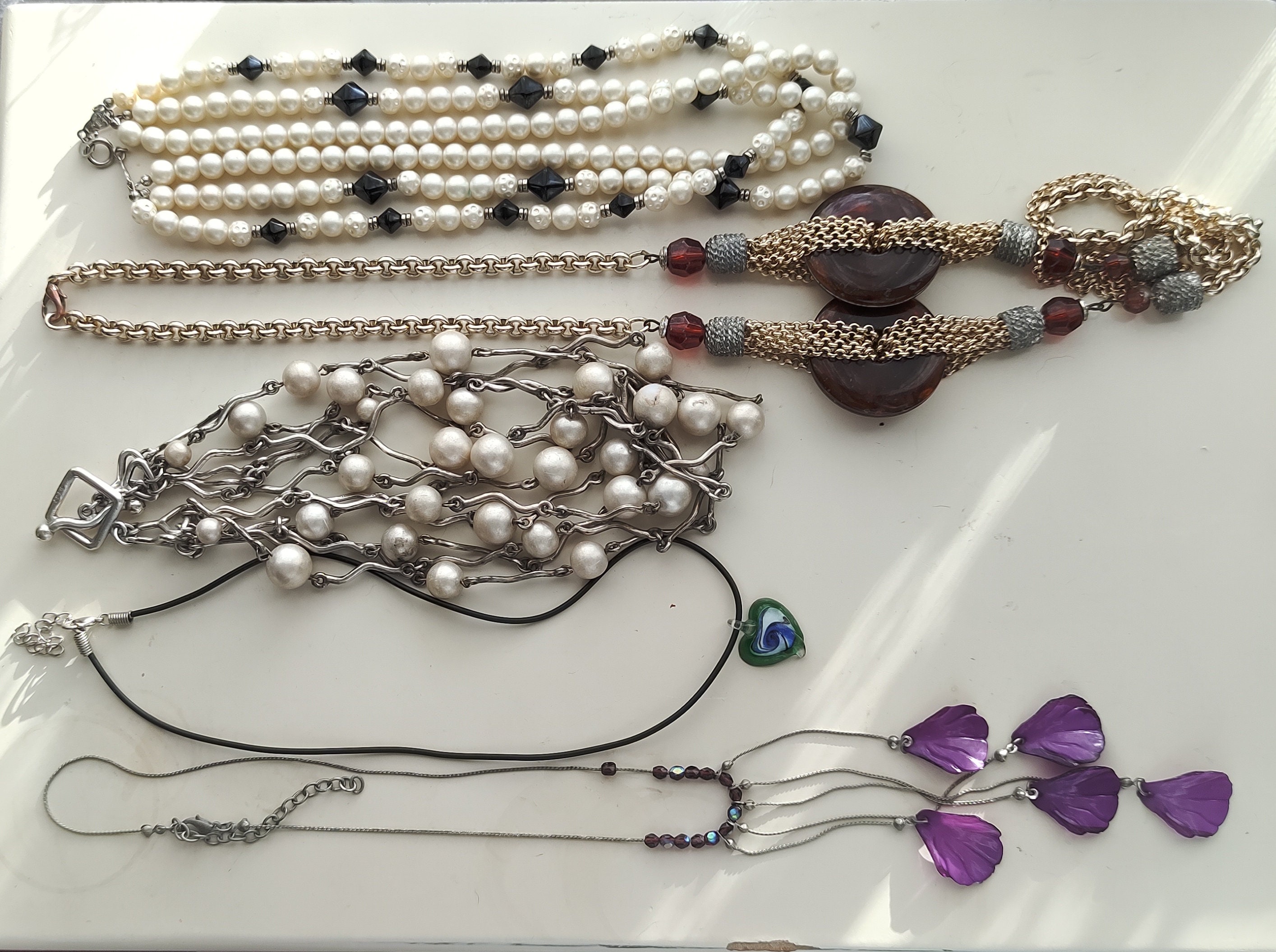 Collier Biche De Bere Vintage - 6 Rangs, Perles Blanches & Argenté, Années 90