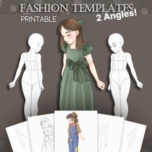 Può includere: Modelli di moda digitali con il testo "FASHION TEMPLATES, PRINTABLE, 2 Angles!". L'immagine presenta un'illustrazione centrale di una ragazza in un vestito verde, affiancata da due modelli di figure vuote. Diversi schizzi di moda stampati sono in basso.