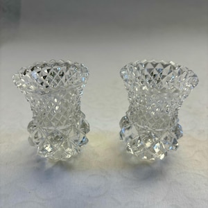 Vintage Crystal Glass Votive/ Candle/ Toothpick Holders Shot Glasses Bud Vases - Small Round Clear Cut w Scalloped Edges - Set of 2