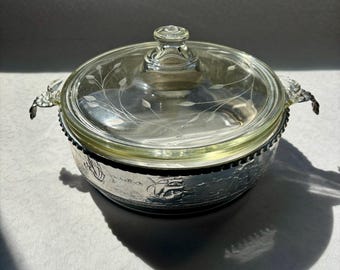 Vintage Pyrex Etched Glass Casserole Dish with Lid and Aluminum Stand
