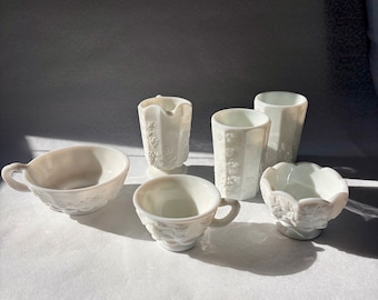 Vintage Westmoreland White Milk Glass Set: Grape Pattern Dishes & Cups