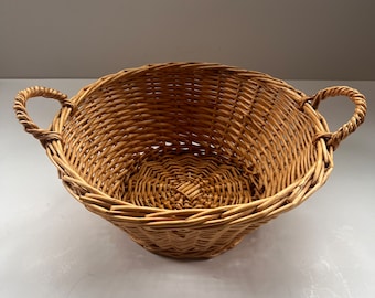 Vintage Round Woven Wicker Basket - 12in. Handle to Handle, 9in. Wall to Wall