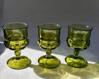 Vintage Westmoreland Glass Ashburton Avocado Green Footed  Wine or Water Glass Olive Green Avocado Glass - Set of 3