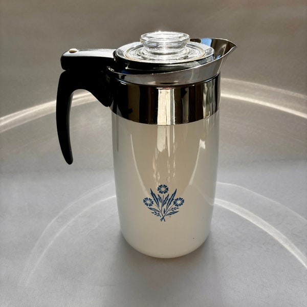 Vintage Corning Ware Blue Cornflower Electric Percolator, 10 Cup Capacity, cups measurements inside