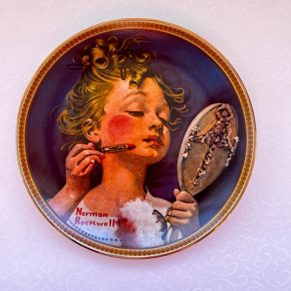 Assiette à dessert salade « Making Believe At The Mirror » de Norman Rockwell Edwin Knowles avec COA - « Redécouvertes »