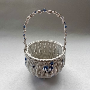 Vintage Tiny Small White and Blue Floral Rose Hand Painted Handmade Woven Basket