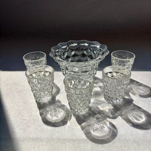 Vintage Fostoria Clear Glass Serving Bowl and 5 Shotglasses - American Pattern