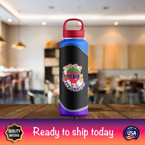 May include: A blue and purple stainless steel water bottle with a black design featuring a cartoon strawberry wearing a superhero mask and holding a knife and a bag of money. The text "This is a Strawberry" is printed on the bottle.